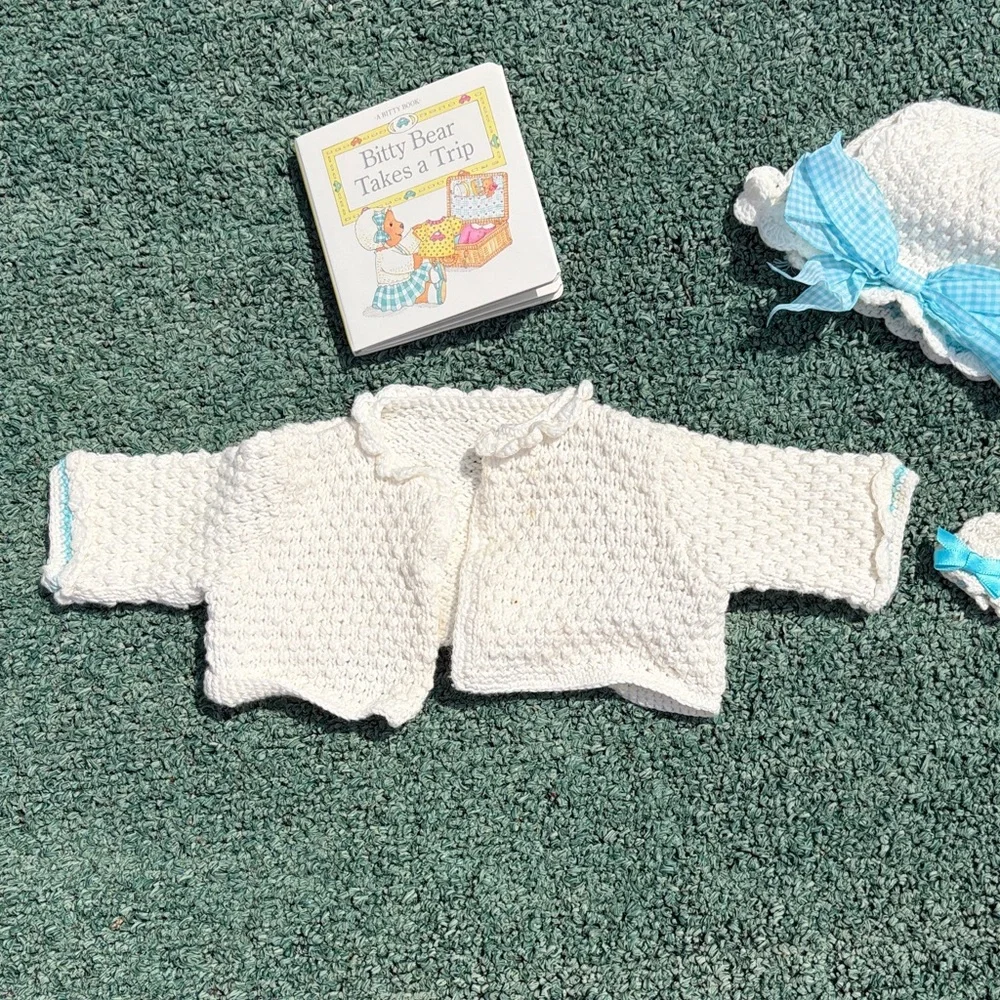 American Girl White Crochet Doll Cardigan and Hats with Blue Bows